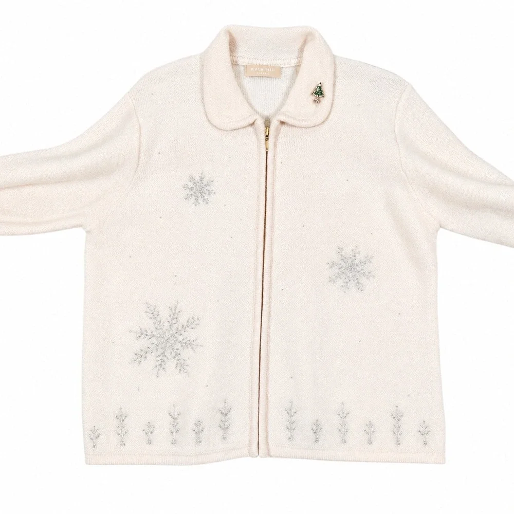 Kate Hill Wool Zip Cardigan Womens M Cream Snowflake Holiday Sweater Vintage 90s